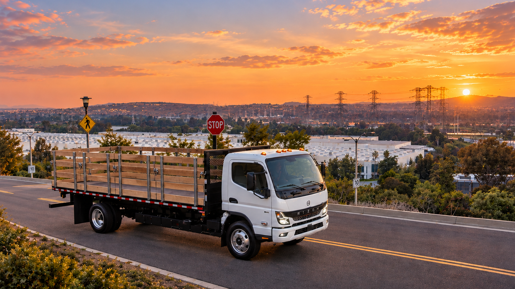 White RIZON electric stake bed truck on a road at sunset